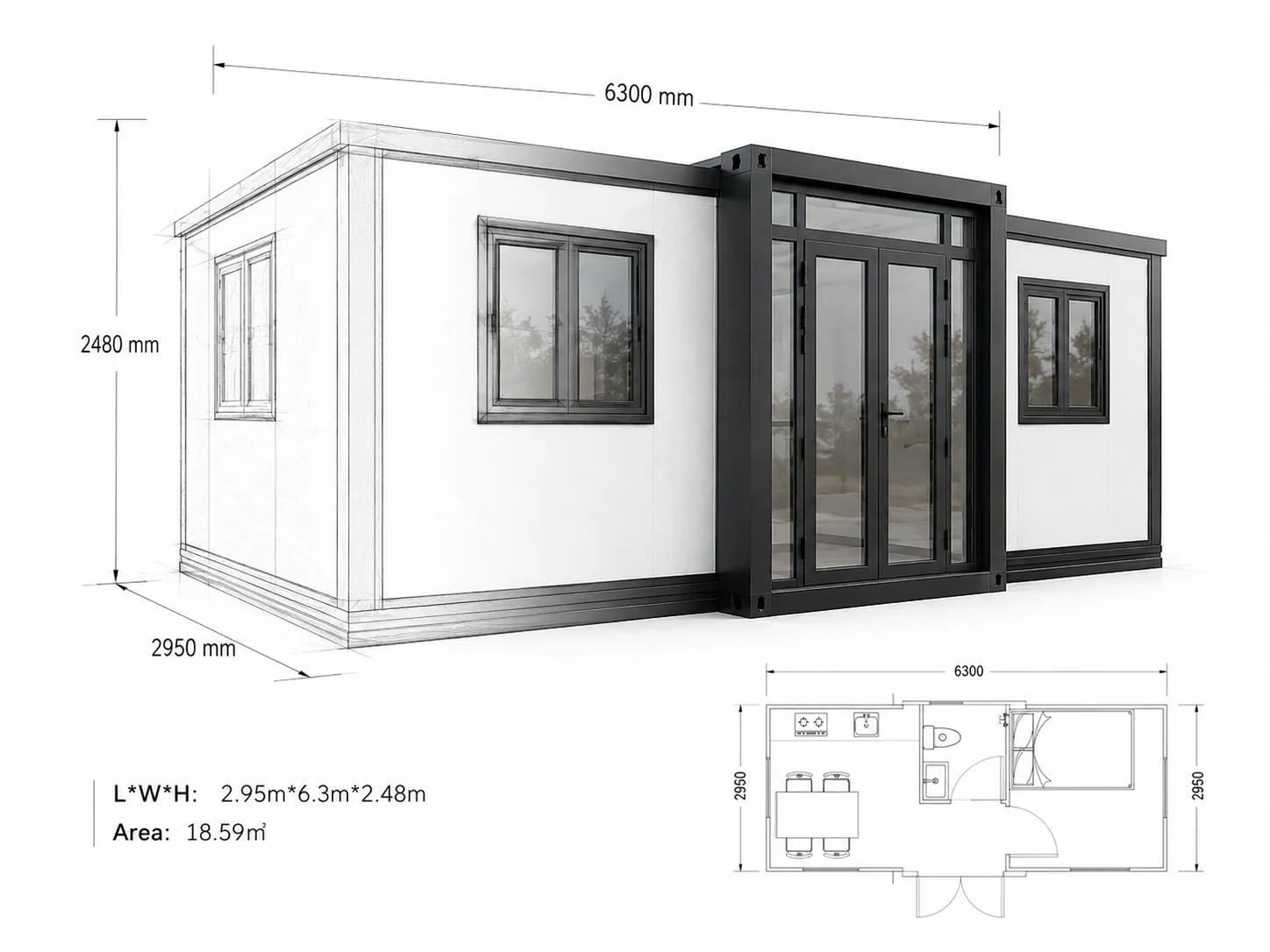 Plano con medidas y distribucion de una solucion modular ECOKASSA